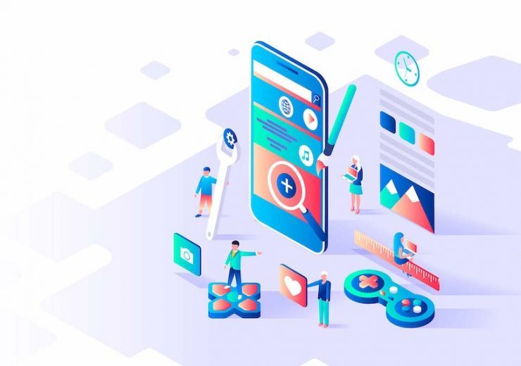 Modern flat design isometric concept of App Development for banner and website. Isometric landing page template. Mobile application, user and developer group. Vector illustration.