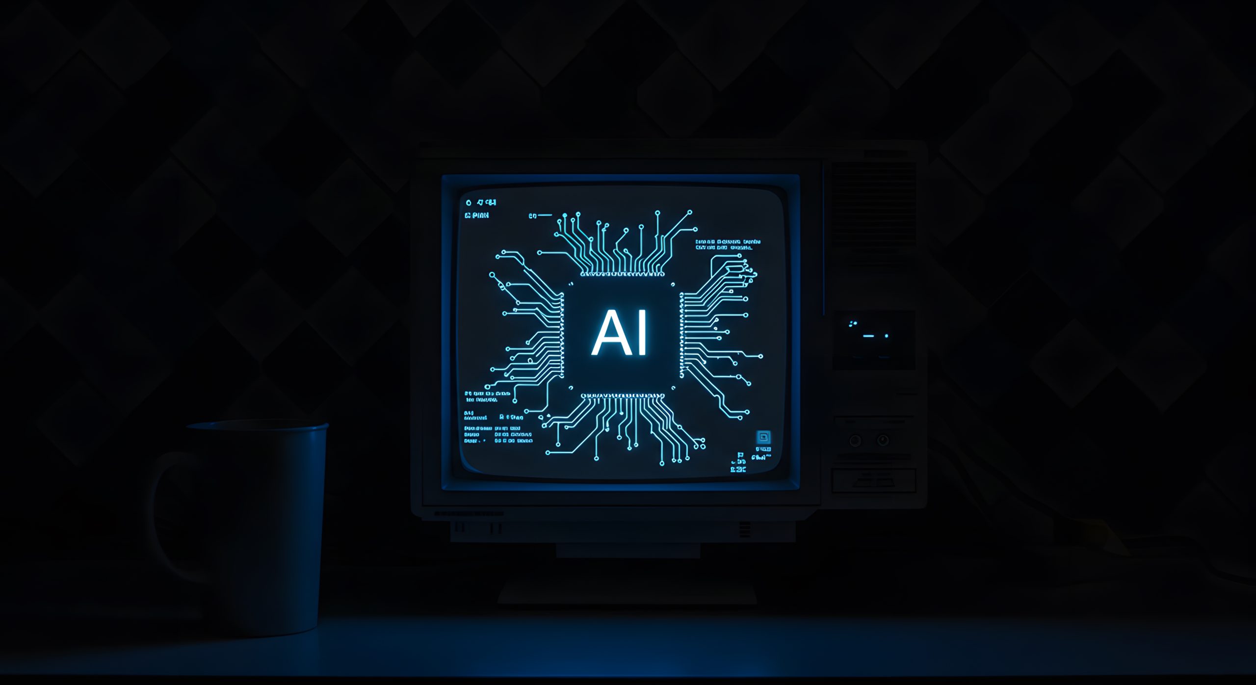 Artificial Intelligence Computer Monitor with Circuitry in Dark Room